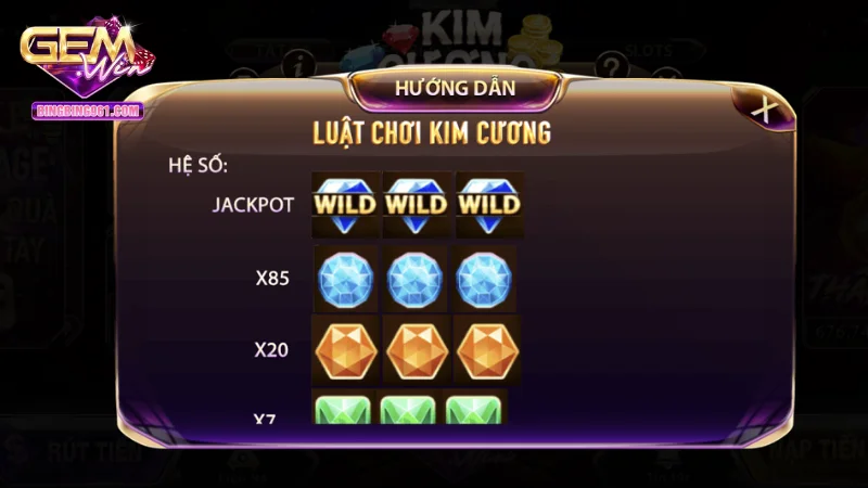 Luật chơi nổ hũ kim cương có tại Gemwin rõ ràng và rất dễ hiểu