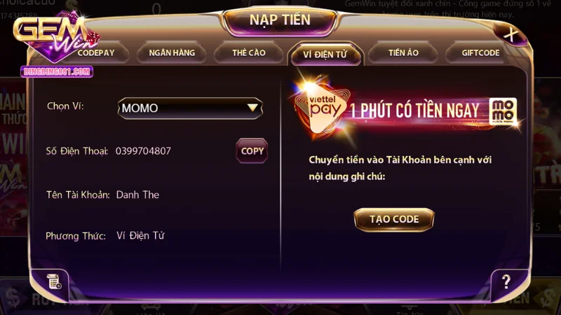 Người chơi được phép thay đổi phương thức rút tiền Gemwin